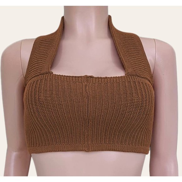 Womens|Knit Halter Crop Top|Brown|Large L|Medium M|Stretch|Sleeveless - Picture 2 of 9